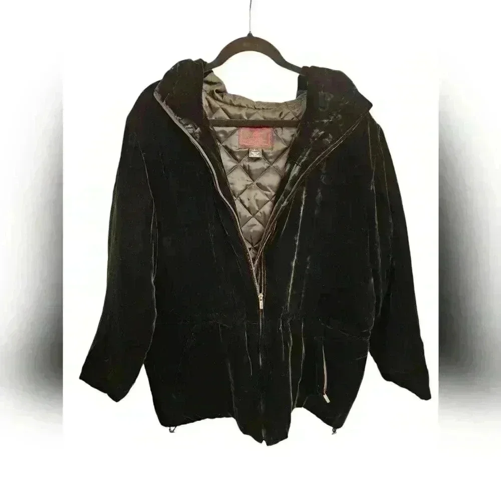 WOMENS LAUREN RALPH LAUREN BLACK VELVET SILK HOODED COAT PARKA LARGE - Picture 3 of 13